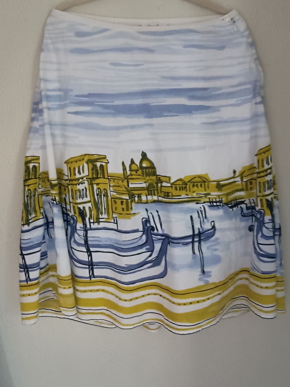 JM Collection Scenic A-Line Skirt in White, Blue & Gold